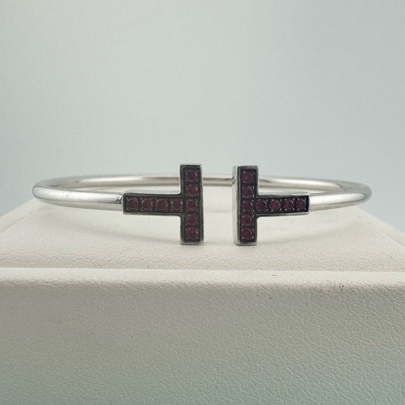 Tiffany & Co. 18k Ruby Tiffany T Square Bracelet Bangle in White Gold - Picture 5 of 7